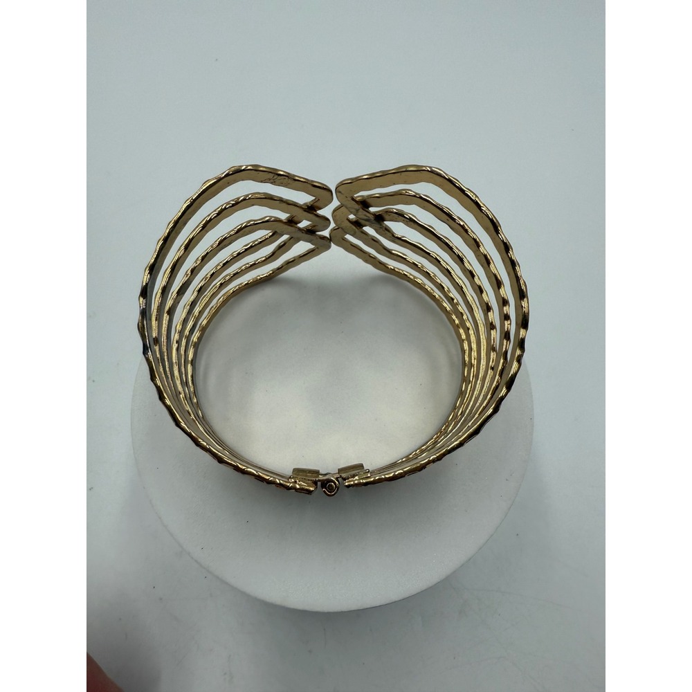 Hammered Gold Tone Multi Strand Hinged Cuff Bracelet Statement Cage Bangle - Picture 3 of 5